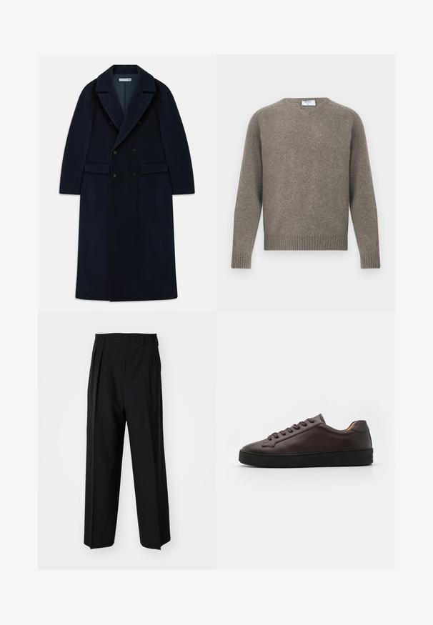 Cappotto lungo in lana doppiopetto di colore blu navy con ampi risvolti e tasche a pattina, progettato per il freddo.; Maglione grigio lavorato a maglia, scollo rotondo, polsini e orlo a coste, texture morbida, realizzato in misto lana, design minimalista con etichetta visibile sul collo.; Pantaloni neri a pieghe con un design dritto e gamba larga. Realizzati in tessuto morbido, con chiusura a bottone e passanti per cintura.; Sneaker in pelle marrone con una texture liscia, punta tondeggiante e suola in gomma nera. Caratterizzato da lacci tono su tono e dettagli di design minimalisti.