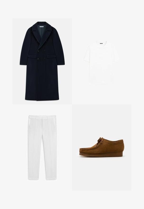 Navy blue double-breasted long wool coat with wide lapels and flap pockets, designed for cold weather.; White cotton t-shirt with short sleeves, round neckline, and a straight cut. Smooth texture with no visible patterns or accents.; White linen trousers with a straight cut, featuring two front pockets and a button closure. Smooth texture, no visible patterns or accents.; Brown suede shoe featuring a round toe and low heel, detailed stitching along the seams, and a lace-up front. Soft texture with streamlined design.