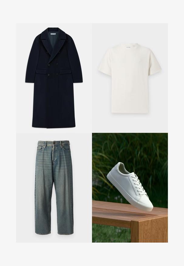Ναυτικό μπλε διπλής όψης μακρύ παλτό από μαλλί με φαρδιές πέτες και τσέπες με καπάκι, σχεδιασμένο για κρύες καιρικές συνθήκες.; Λευκή κοντομάνικη μπλούζα με ριγωτή υφή. Στρογγυλή λαιμόκοψη, χαλαρή εφαρμογή, χωρίς ορατά σχέδια ή λεπτομέρειες. Απλός και ευέλικτος σχεδιασμός.; Ανοιχτό μπλε τζιν παντελόνι με χαλαρή γραμμή, μέση μέσου ύψους και ευθείες γραμμές. Περιλαμβάνει πέντε τσέπες, θηλιές ζώνης και κούμπωμα με κουμπί.; Λευκά sneakers με κορδόνια που αιωρούνται πάνω από ξύλινο παγκάκι με πράσινη βλάστηση στο φόντο, επιδεικνύοντας το σχέδιο και την υφή του παπουτσιού.