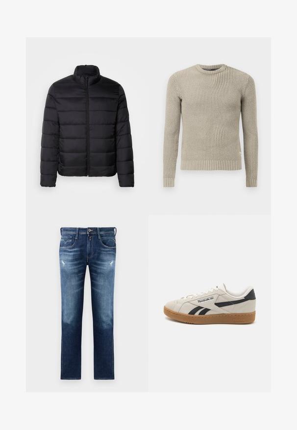 Jachetă puffer neagră cu guler înalt, design cu cusături, fermoar frontal complet și mâneci lungi. Material neted, lucios, cu un aspect minimalist.; Pulover bej tricotat, cu mâneci lungi, tiv și manșete cu dantelă, decolteu rotund, model texturat, realizat dintr-un material moale.; Jeanși din denim albastru cu croială regulară, având un spălare decolorată, ușor uzată, cinci buzunare și cusături contrastante. Închidere cu nasture la talie.; Adidași Reebok din suede bej cu accente negre. Prezintă o talpă din cauciuc de gumă, șireturi tradiționale și guler căptușit pentru confort.