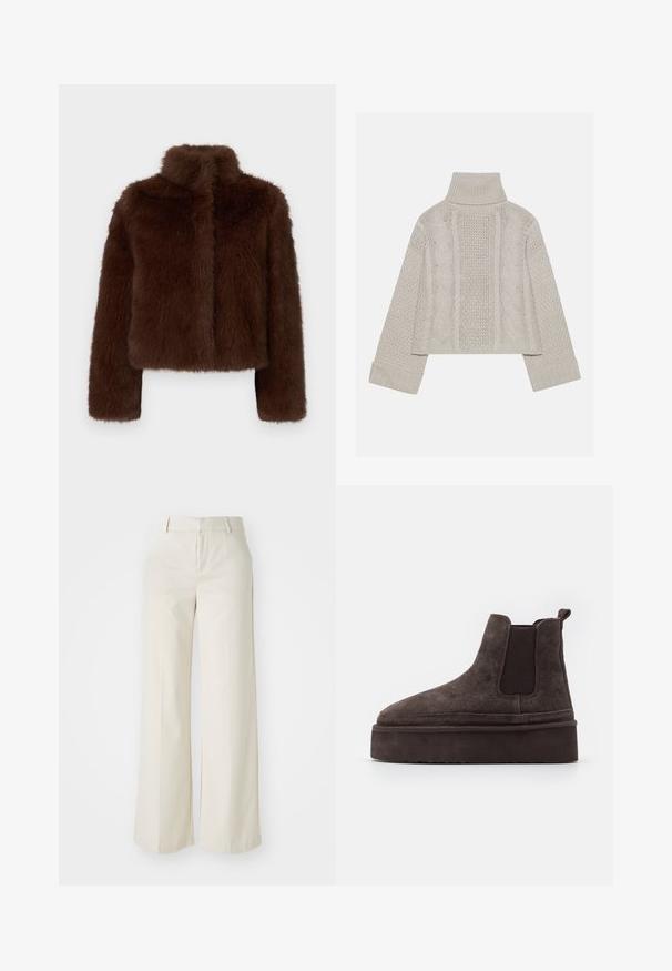 Brūns mākslīgā kažokādas apgriezts jakas ar augstu apkakli un garām piedurknēm. Mīksta tekstūra un bezšuvju priekšpuses dizains bez redzamām aizdarnēm.; Izgriezts, gaiši pelēks adīts džemperis ar augstu apkakli un ribotiem piedurknēm, ar fakturētām virknēm gar muguru un sāniem.; Platas kājās bikses gaisā bežā krāsā, izgatavotas no gludas auduma. Iezīmē klasisku jostasvietu un plakanu priekšpusi ar tīrām līnijām.; Brūni zamša Chelsea zābaki ar elastīgiem sānu paneļiem un biezas, teksturētas platformas zoli. Iespējams, ir vilkšanas cilpa uz papēža, kas atvieglo uzvilkšanu.