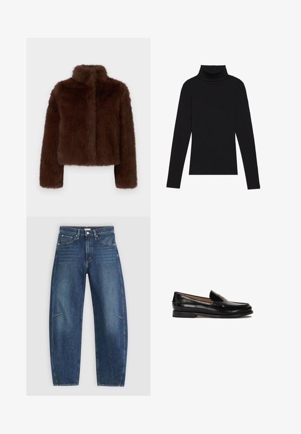 Giacca cropped in pelliccia sintetica marrone con colletto alto e maniche lunghe. Tessuto morbido e design frontale senza cuciture, senza chiusure visibili.; Maglione a collo alto nero a maniche lunghe, realizzato in tessuto a coste, presenta un design aderente con un collo alto e senza motivi o dettagli.; Jeans in denim blu scuro con design a gamba dritta, caratterizzati da tasche anteriori, cuciture a contrasto e una leggera texture sbiadita lungo le gambe.; Mocassino in pelle nera con punta arrotondata, design slip-on e dettagli di cucitura discreti lungo la parte superiore. Suola piatta in gomma.
