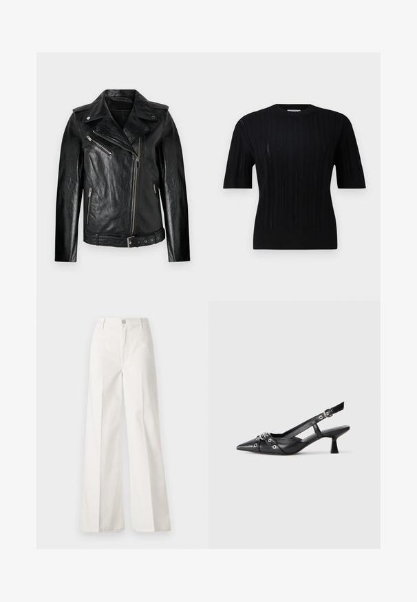 Μαύρο δερμάτινο μπουφάν μοτοσικλέτας με εφαρμοστή σχεδίαση, διαγώνιο φερμουάρ και ασημένιες λεπτομέρειες. Διαθέτει ζώνη στη μέση και υφασμάτινη υφή.; Filippa K BRAID - Πουλόβερ - black; Λευκά παντελόνια σε φαρδιά γραμμή, κατασκευασμένα από βαμβάκι με λεία υφή. Διαθέτουν μπροστινό κουμπί, φερμουάρ και τέσσερις τσέπες.; Μαύρο δερμάτινο παπούτσι slingback με μυτερή μύτη, διακοσμητικές λωρίδες με μεταλλικά μάτια και χαμηλό μπλοκ τακούνι. Υφή επιφάνειας.