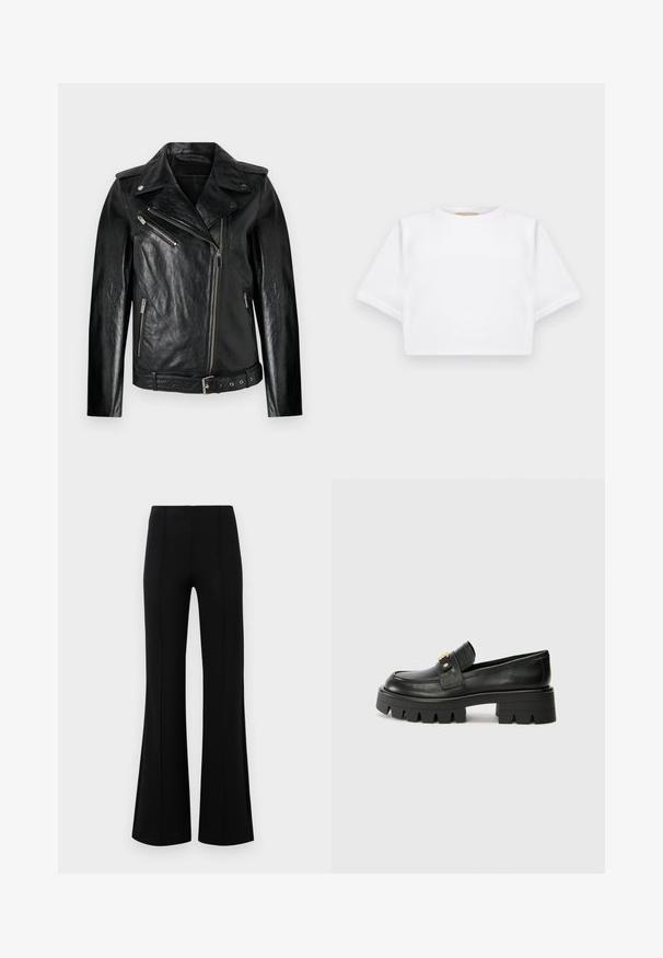 Černá kožená motorkářská bunda s přiléhavým střihem, šikmým zipovým uzávěrem a stříbrnými kovovými doplňky. Má opasek v pase a strukturovaný povrch.; Zkrácené bílé tričko vyrobené z měkké látky, má krátké rukávy, kulatý výstřih a žebrované detaily na lemech. Jednoduchý a nezdobený design.; Černé kalhoty s volným zakončením a vysokým pasem, vyrobené z elastického materiálu. Mají vertikální švy na přední straně a hladký povrch.; Černé kožené mokasíny s robustní podešví, které mají zlatý akcent na přední části a hladký povrch. Robustní vzor protiskluzu na podešvi.