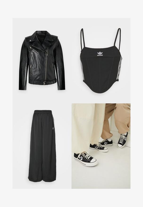 Črna usnjena motoristična jakna s prilegajočim dizajnom, poševnim zapiranjem na zadrgo in srebrnimi okrasnimi elementi. Ima pas z obročkom in teksturirano površino.; Črn rebrast top s kratkimi rokavi in nastavljivimi tankimi naramnicami, ki ima tri bele črte na straneh in majhen bel Adidasov logotip na sredini.; Črne proste trenirke iz gladkega materiala. Imajo elastičen pas in stranske črte z logotipom.; Črne platnene superge z belimi gumijastimi podplati, ki imajo bele zvezdaste akcentne dodatke in črne vezalke, v kombinaciji s svetlo bež in kremnimi hlačami.