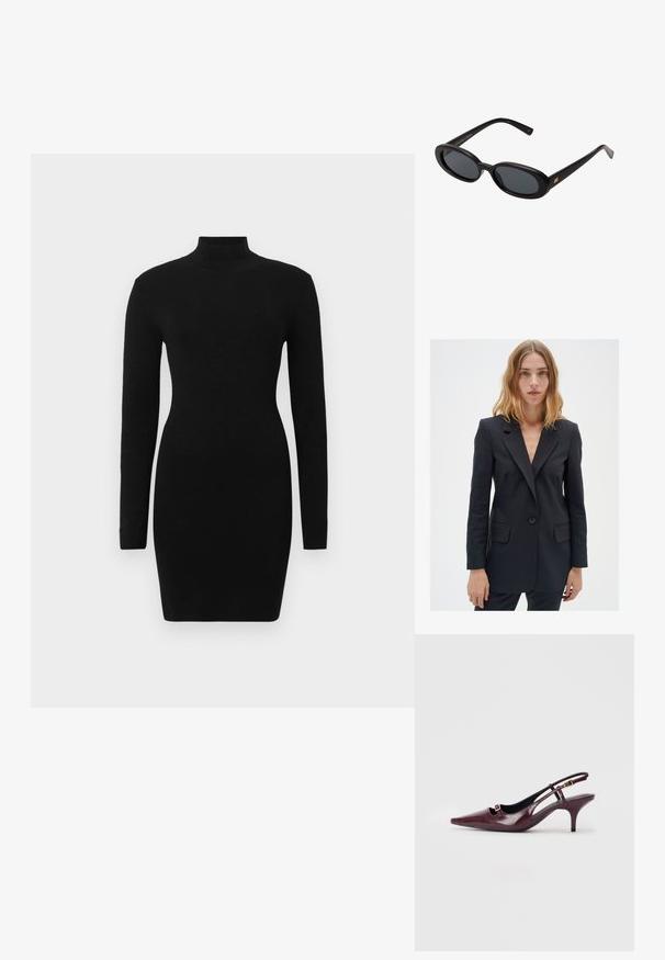 Svart skräddarsydd blazer med slagkrage, enkel-knapplist, och två framfickor, med ett mjukt tyg och en figursydd silhuett.; Svart långärmad klänning med figurnära siluett och hög halsringning, tillverkad av ett strukturerat tyg som ger ett slätt och elegant utseende.; Burgundy slingbackklackar med spetsig tå, glänsande läderfinish, liten utskärning fram och en smal stilettklack med guldakcenter.; Svarta överdimensionerade solglasögon med ovala linser, slät plastbåge och guldaccent på bågarna. Mörka linser ger solskydd.; Pepe Jeans GRACEY - Handväska - burgundy red