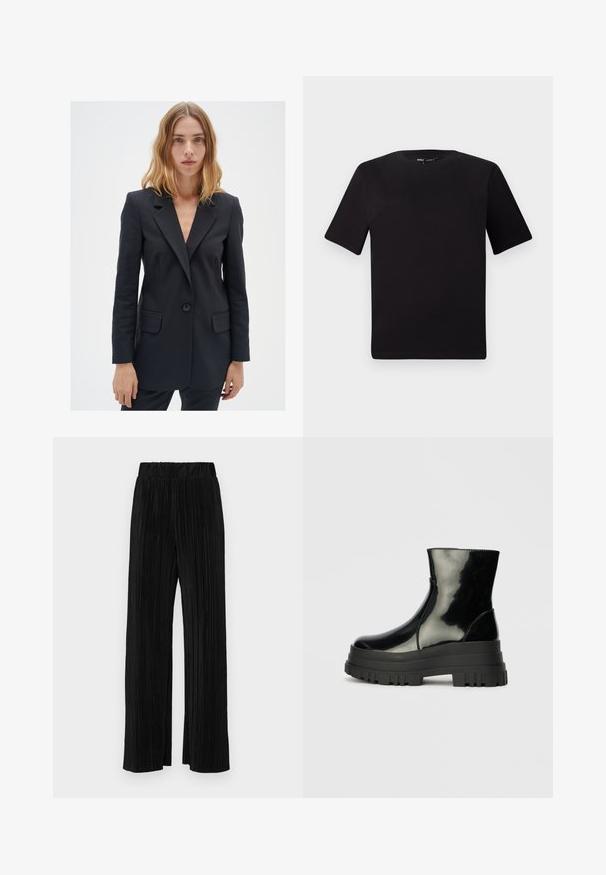 Melna piegriezta žakete ar iegrieztiem lakatiem, vienu pogu, divām priekšējām kabatām, gludu audumu un pieguļošu siluetu.; Melnas īsām piedurknēm T-krekls ar apaļu kakla izgriezumu, izgatavots no mīksta kokvilnas auduma. Vienkāršs dizains, bez redzamām logo vai rakstiem.; Melni plīšu bikses ar elastīgu jostu. Tām ir platākas kājas un gluda, teksturēta auduma ar vertikālām svītrām.; Melnas spīdīgas potītes zābaki ar biezu zoli un noapaļotu purngalu, sānu skats uz vienkārša gaiši pelēka fona.