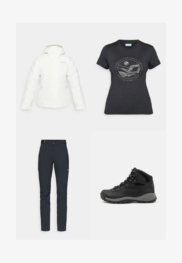 Hvid isoleret jakke med høj krave og justerbar hætte. Har lynlåslommer på siden og diagonalt quiltet mønster. Columbia-logo synligt.; Sort Columbia t-shirt med hvid cirkulær bjerg- og flodlinjekunst samt teksten "Columbia Sportswear Company Udenfor Siden 1938."; Herrers udendørsbukser, mørkegrå, lavet af fleksibelt materiale, med bælte, lynlåslommer og forstærkede syninger.; Sort vandrestøvle med en mellem-højde design, der har en tekstureret overdel, grå detaljer og en holdbar gummisål med skridsikre klodser.