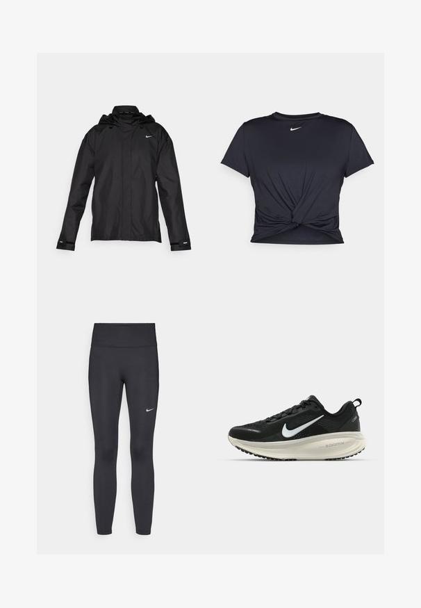 Nike Performance FAST - Windbreaker - black; Black athletic t-shirt made of smooth fabric, featuring a knotted front design and a small white Nike logo on the chest.; Black leggings made of stretchy fabric, featuring a high waistband and a white Nike logo on the left thigh. Smooth texture, form-fitting design.; Black Nike running shoe with breathable mesh upper, white swoosh logo, textured detailing, and a cream-colored ZoomX midsole.