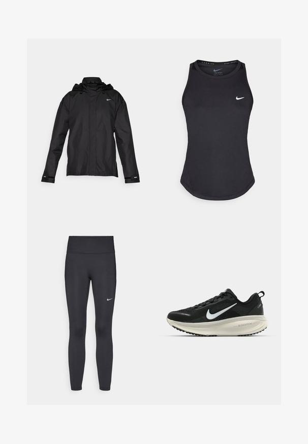 Nike Performance FAST - Vindjacka - black; Svart atletisk linne gjort av fuktavvisande material. Har rund halsringning, smal passform och vit Nike-logotyp på bröstet.; Svarta leggings i elastiskt material, med hög midja och en vit Nike-logga på vänster lår. Slät textur, figurnära design.; Svart Nike löparsko med andningsbart mesh-ovandel, vit swoosh-logotyp, texturerad detaljering och en krämfärgad ZoomX-mellansula.