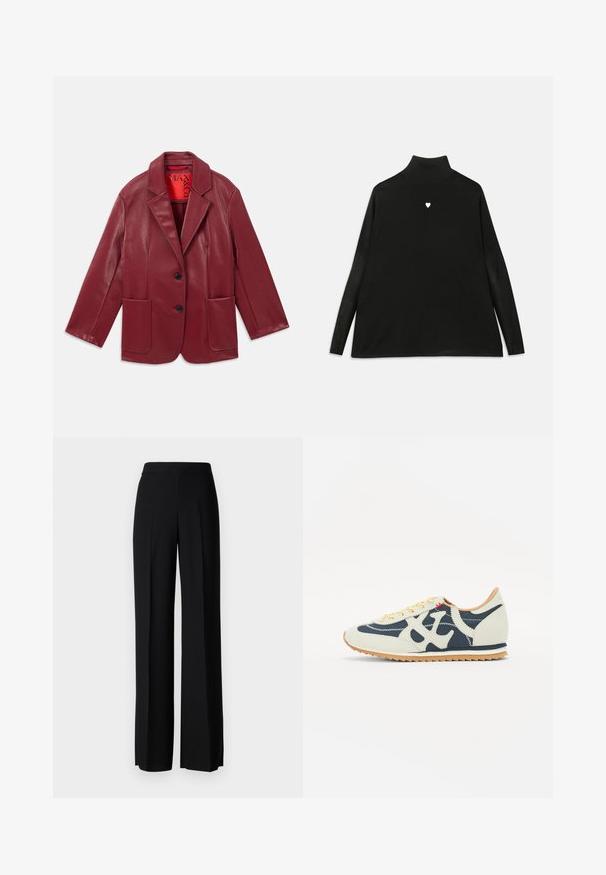Sacou din piele eco roșie, cu rever pe guler, două buzunare frontale și două butoane negre. Căptușit cu un interior roșu în nuanță contrastantă.; Pulover negru cu guler înalt și mâneci lungi, având un mic emblemă albă în formă de inimă pe piept. Material moale și croială lejeră.; Pantaloni negri cu picioare largi, cu o textură netedă, având o talie înaltă și pliseuri centrale. Fără modele vizibile sau detalii de hardware.; Sneaker cu un amestec de materiale crem, bleumarin și suede, design cu șireturi, cusături diagonale și talpă din cauciuc cu tracțiune.
