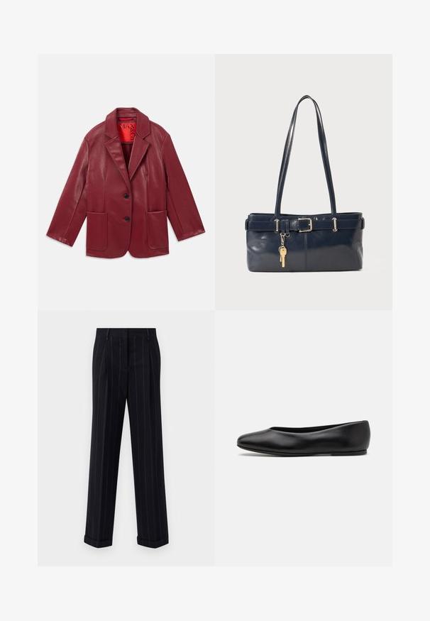 Blazer en simili cuir rouge avec un col cranté, deux poches avant et deux boutons noirs. Doublé d'un intérieur rouge contrastant.; Pull en marine foncé avec un col rond, des manches raglan longues, des poignets côtelés et un ourlet droit. Fabriqué en un matériau tricoté doux et texturé.; Pantalons noirs à rayures fines avec une coupe ajustée, dotés d'un ourlet à revers et de plis avant. Fabriqués en tissu lisse avec un design structuré.; Paul Smith TOPANGA - Ballerines - black; Sac à main en cuir bleu marine avec deux longues poignées, un détail de boucle et un porte-clés accroché. Il présente une texture lisse et une forme rectangulaire.