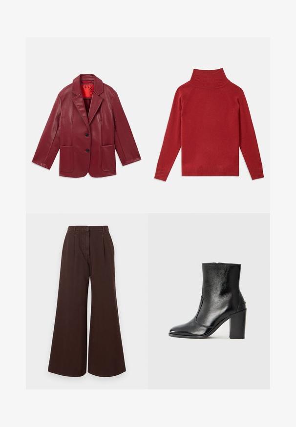 Blazer de imitação de pele vermelha com colarinho notched, dois bolsos frontais e dois botões pretos. Forrado com um interior vermelho contrastante.; Sweater vermelho de gola alta feito de um suave tecido de malha. Apresenta colarinho e punhos canelados, com um corte descontraído e ombros sem costura.; Calças largas de cintura alta, castanhas, com fecho de botão e zíper, passantes para cinto e pregas frontais.; Bota ankle preta em pele com uma textura suave, bico fino e um salto alto robusto. Apresenta uma abertura lateral e um design minimalista.