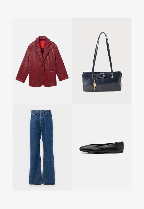 Czerwona blazerka z sztucznej skóry z klapami, dwoma przednimi kieszeniami i dwoma czarnymi guzikami. Podszewka w kontrastującym odcieniu czerwieni.; Koszula w paski z białą bazą, z wąskimi wielokolorowymi liniami w odcieniach niebieskiego, pomarańczowego i zielonego. Długie rękawy i klasyczny kołnierzyk.; Niebieskie dżinsy z rozszerzanymi nogawkami, wysokim stanem, pięcioma kieszeniami, zapięciem na srebrny guzik i widocznymi przeszyciami.; Paul Smith TOPANGA czarny; Granatowa skórzana torebka z dwoma długimi uchwytami, detalem w postaci klamry oraz dołączonym breloczkiem. Charakteryzuje się gładką teksturą i prostokątnym kształtem.