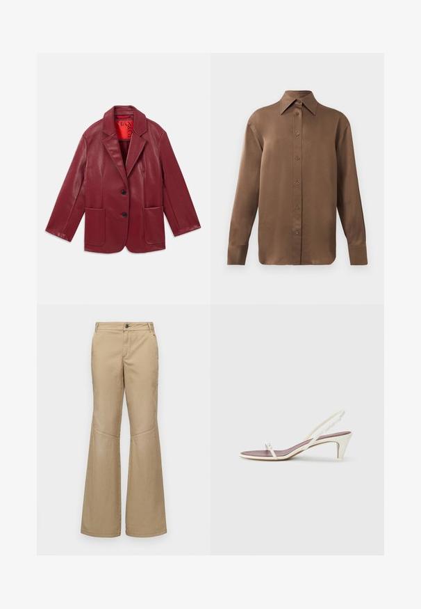 Czerwona blazerka z sztucznej skóry z klapami, dwoma przednimi kieszeniami i dwoma czarnymi guzikami. Podszewka w kontrastującym odcieniu czerwieni.; Brązowa, długosleeve koszula z guzikami, z ostrym kołnierzykiem i mankietami, prezentowana na jednolitym białym tle.; Beżowe spodnie w szerokim kroju z zapięciem na guzik, przednimi i bocznymi kieszeniami oraz zdobieniami w formie przeszyć, wykonane z lekkiej, teksturowanej tkaniny.; Białe sandały na koturnie z cienkimi paskami i gładką skórzaną fakturą; zawierają małą dekoracyjną klamrę.