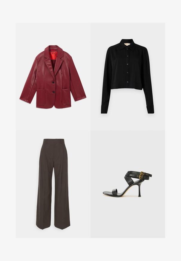 Sarkans mākslīgās ādas žakets ar iegrieztu apkakli, divām priekšējām kabatām un divām melnām pogām. Iekšpuse ir ar kontrastējošu sarkanu odere.; Melnas īsās piedurknes krekls ar garām piedurknēm, smailu apkakli un pogu aizdari. Izgatavots no gludas auduma ar brīvu piegriezumu un piedurkņu apakšām.; Tumši brūni platajiem galiem bikses ar augstu jostasvietu, kas pieejamas ar uzmanīgi presētām krokām, gludu tekstūru un pielāgotu piegriezumu.; Melna augsta papēža sāndele ar krustotiem siksniņām un regulējamu sprādzi. Iespēlēts gluds tekstūra un pakāpenisks stiletto papēdis.