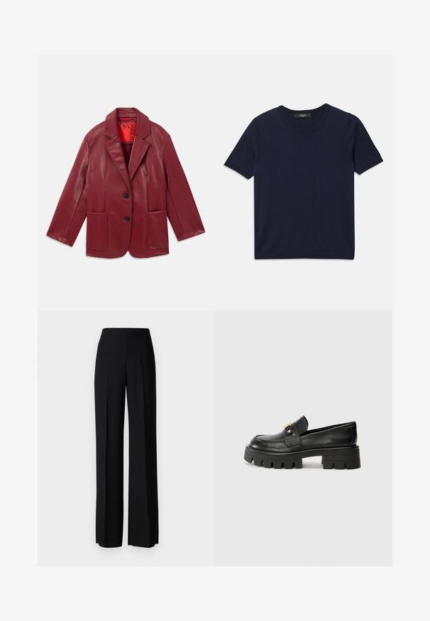 Crvena lažna kožna blazerica s ovratnikom, dva prednja džepa i dva crna gumba. Podstavljena kontrastnom crvenom unutrašnjošću.; Tamnoplava majica kratkih rukava od mekog materijala, s okruglim izrezom i rebrastim rubovima, glatke teksture i bez vidljivih uzoraka.; Crne široke hlače s glatkom teksturom, s visokim strukom i središnjim pregibima. Nema vidljivih uzoraka ili hardverskih detalja.; Crne kožne loafersice s debelim potplatom, s zlatnim akcentom sprijeda i glatkim završetkom. Debeli uzorak na potplatu.