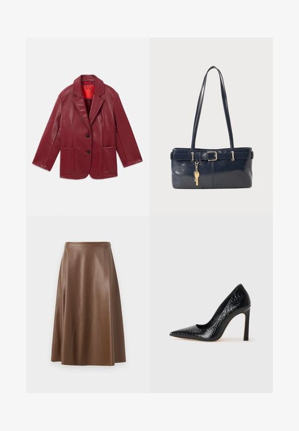 Raudona dirbtinės odos švarkas su įpjovimu prie apykaklės, dviem priekinėmis kišenėmis ir dviem juodais mygtukais. Išklotas kontrastine raudona vidine pуска.; Juodas topas su plonais spaghetti petnešomis, pagamintas iš rausvos medžiagos, turintis tiesų kirpimą ir etiketę prie iškirpės, ant kurios parašyta "IVY OAK."; Ruda odinė A formos sijonas su lygiu paviršiumi ir vidutinio ilgio hemu. Yra prigludusi juosmens linija ir švelnus šonų išplatėjimas.; Juoda smailiakulnė aukšto kulno bateliai su krokodilo odos tekstūra, pasižymintys elegantišku dizainu, aukštu stiletu kulnu ir lygia juoda vidine dalimi.; Jūrinės odos rankinė su dviem ilgais rankenomis, sagties detalė ir pridėtas raktų pakabukas. Turi lygią tekstūrą ir stačiakampio formą.