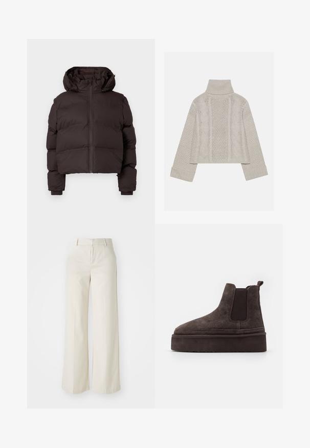 Dark brown padded winter jacket with hood, front zipper, and ribbed cuffs on a light gray background.; Cropped, light gray knit sweater with a high collar and ribbed cuffs, featuring textured cable patterns down the back and sides.; Wide-leg trousers in a light beige color, made of a smooth fabric. Features a classic waistband and flat front with clean lines.; Brown suede Chelsea boots with elastic side panels and a thick, textured platform sole. Features a pull tab at the heel for ease of wear.