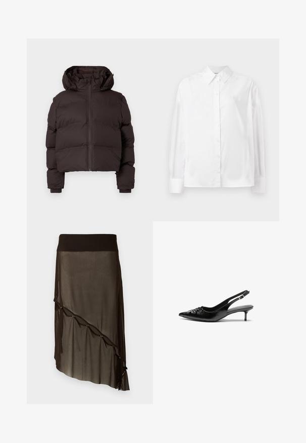Dark brown padded winter jacket with hood, front zipper, and ribbed cuffs on a light gray background.; White long-sleeve button-up shirt in a smooth cotton blend. Features a classic collar, front button closure, and rounded cuffs.; Black mesh skirt with a fitted waistband, asymmetrical hem, decorative buttons along the front, and layered sheer texture.; Black leather slingback heels with a pointed toe, small kitten heel, and a decorative knot detail on the front. Smooth texture throughout.