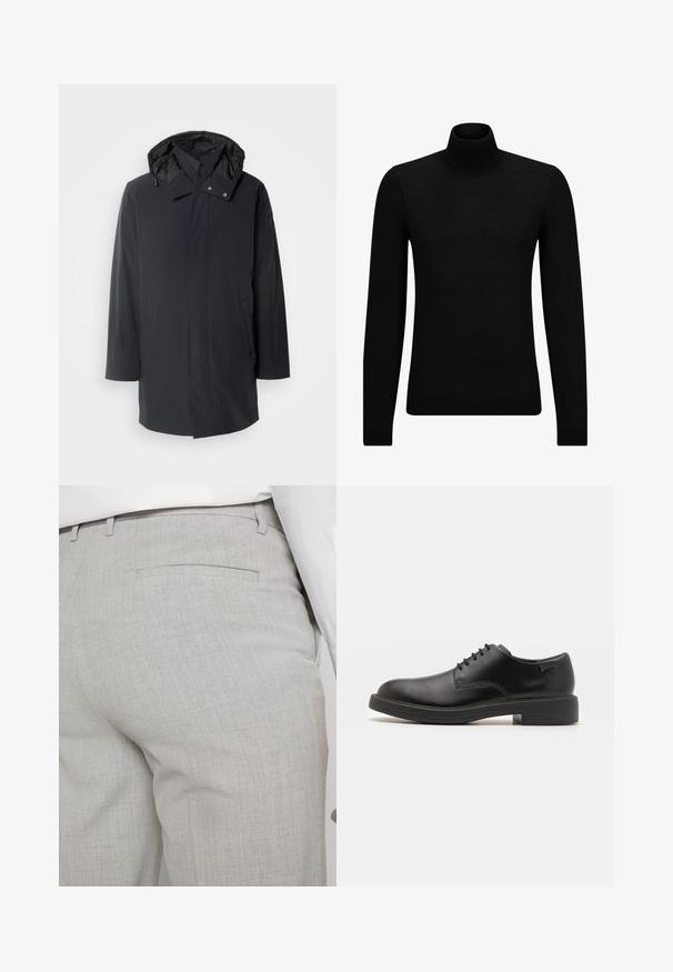 Musta vedenpitävä parka-takki irrotettavalla hupulla, vetoketjulla ja neppareilla, sivutaskuilla ja sileällä kankaan pinnalla.; Mustahuivi neule, joka on valmistettu pehmeästä materiaalista, jossa on pitkät hihat ja tiukka istuvuus. Ribbaus reunassa ja hihansuissa. Yksinkertainen muotoilu.; Vaaleanharmaat räätälöidyt housut tekstuuripintaisesta kankaasta, joissa on yksi takatasku ja siistit saumat.; Mustat nahkasaappaat, joissa on pyöreä kärki, sileä pinta, minimaalinen ommel ja matala kumipohja. Logo kannassa.