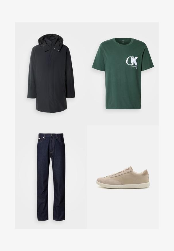 Musta vedenpitävä parka-takki irrotettavalla hupulla, vetoketjulla ja neppareilla, sivutaskuilla ja sileällä kankaan pinnalla.; Vihreä puuvillapaita lyhyillä hihoilla, pyöreä kaula-aukko, jossa on suuri valkoinen CK-logo rinnassa ja teksti "Calvin Klein EST 1968".; Tummansinisiä farkkuja suora lahje -muotilla, joissa on nappisuljenta, viisi taskua ja erottuvat ompelutiedot.; Valkoinen lenkkari, jossa on yhdistelmä mokkaa ja kangasta, varustettuna nauhoilla, pyöreällä kärjellä, tekstuurilla varustetulla pohjalla ja huomaamattomalla brändilogolla sivussa.