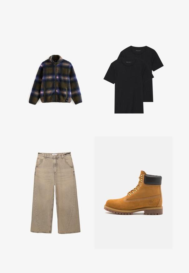 Fleecefleecejacka i marinblått, olivgrönt och beige rutmönster; har en hög krage, dragkedjesslutning och två sidofickor. Mjukt, texturerat tyg.; Två svarta bomull t-shirts med korta ärmar, rund halsringning och en mjuk textur, visas staplade tillsammans.; PULL&BEAR MEGA BAGGY - Baggy jeans - light grey; Tan mockasins ankelstövlar med svart vadderad krage, guldmetallöglor, vit sömdekor och slitstöt gummisula med utmärkta mönster.