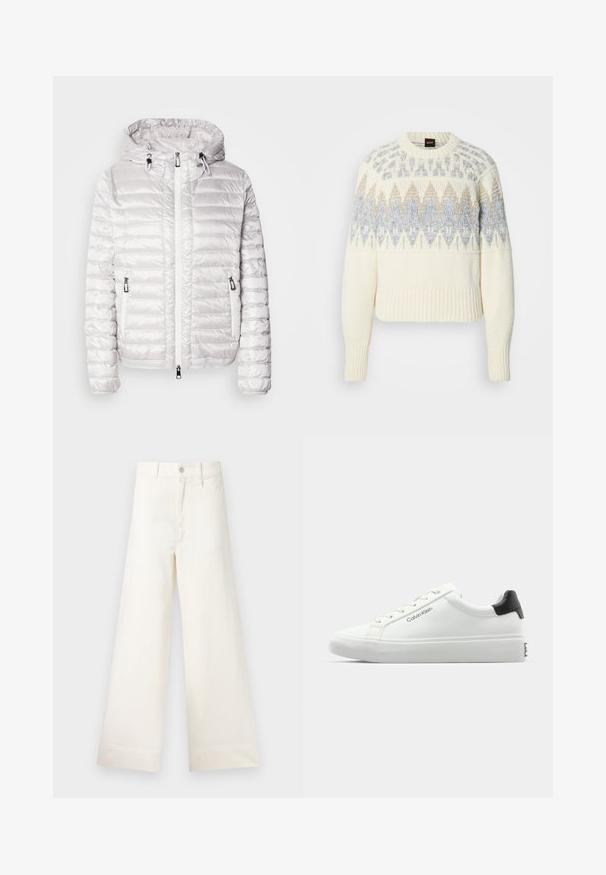 Gepolsterte weiße Jacke mit glänzendem Finish, ausgestattet mit Kapuze, Reißverschluss und Seitentaschen. Horizontales Stichmuster über die gesamte Jacke.; Cremefarbener Strickpullover mit gerippten Bündchen und Saum, mit blauen und beigefarbenen geometrischen Mustern auf Brust und oberen Ärmeln.; Weite Hosen aus hellem beigen Baumwollstoff. Mit hoher Taille, vorderen Taschen und geradem Schnitt. Saubere Saumverarbeitung ohne Muster.; Weißer Sneaker mit glatter Oberfläche, schwarzem Absatz und Schnürdesign. Mit "Calvin Klein"-Branding an der Seite. Minimalistischer Stil.