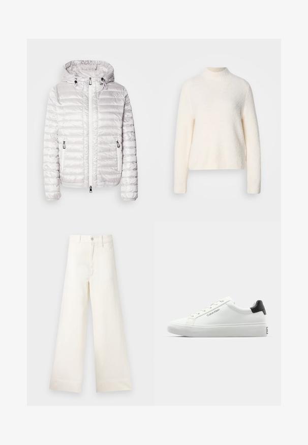 Witte gewatteerde jas met een glanzende afwerking, voorzien van een capuchon, ritssluiting en zijzakken. Horizontale stikpatroon over de hele jas.; Crème kleurige trui met een hoge hals, lange mouwen en een gestructureerde, zachte afwerking. Heeft een licht verkorte zoom.; Bredere broek van lichtbeige katoen. Heeft een hoge taille, voorzakken en een rechte snit. Schoon afgewerkte zoom zonder patronen.; Witte sneaker met een gladde afwerking, zwarte hielaccenten en vetersluiting. Bevat "Calvin Klein" branding aan de zijkant. Minimalistische stijl.