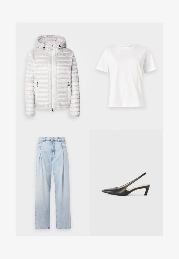 Valkoinen pehmustettu takki, jossa on kiiltävä pinta, hupullinen, vetoketjukiinnitys ja sivutaskut. Vaakasuuntainen ompelukuvio koko takin ajan.; Valkoinen puuvillapaita lyhyillä hihoilla, pyöreällä kaula-aukolla ja rentolla istuvuudella. Sujuva rakenne, ei kuvioita tai yksityiskohtia, minimalistinen muotoilu.; Vaaleansiniset farkut, joissa on korkea vyötärö, leveälahkeinen leikkaus, kaksi sivutaskua ja pleatattu muotoilu. Pehmeä rakenne, jossa on haalistunut viimeistely.; Musta, kärjeltään terävä slingback-kengä, jossa on matala korko. Kengässä on sileä nahkamateriaali ja sivuilla leikkaukset hengittävyyttä varten.