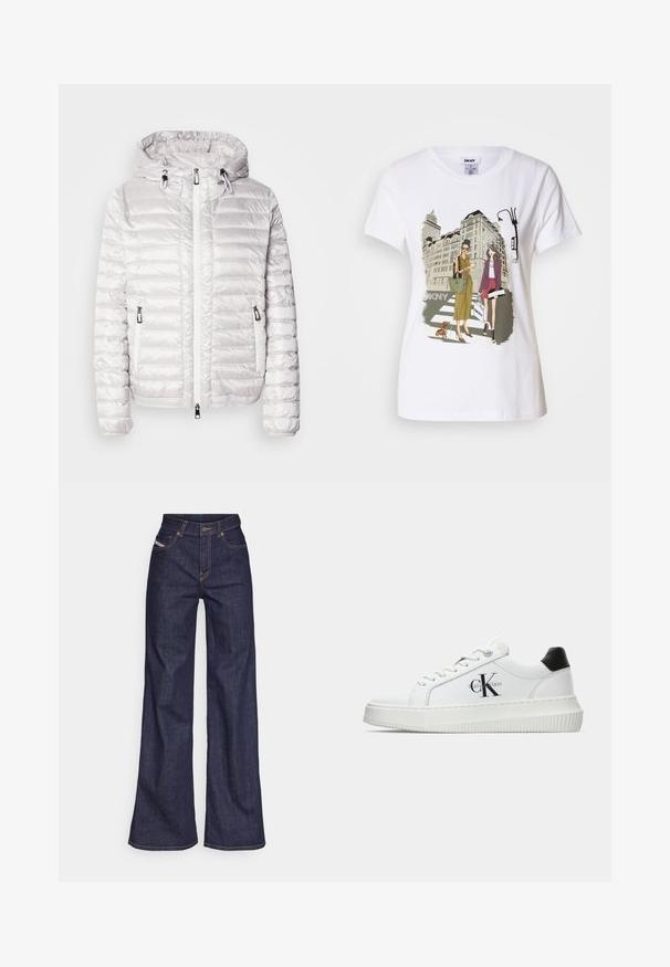 Padded white jacket with a shiny finish, featuring a hood, zip closure, and side pockets. Horizontal stitching pattern throughout.; White cotton T-shirt featuring a printed illustration of two women in urban fashion styles with a dog on a crosswalk and city buildings.; Dark blue wide-leg jeans in denim fabric with a high waist, featuring orange stitching, five-pocket design, and a button closure.; White low-top sneaker with black heel tab, platform sole, laces, and Calvin Klein "CK" logo on the side.
