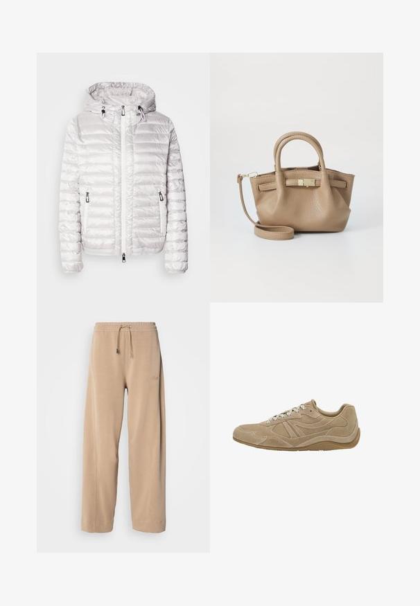 Párnázott fehér dzseki fényes felülettel, kapucnival, zipzárral és oldalsó zsebekkel. Vízszintes varrási minta az egész felületen.; Fehér, hosszú ujjú póló, puha pamutból készült, kerek nyakkivágással és eső vállú kialakítással, laza szabású, látható minták nélkül.; Bézs színű, bő szárú nadrág puha anyagból, rugalmas derékkal és zsinórral. Oldalán diszkrét márkázás található, valamint oldalzsebek.; Beige suéd sneaker, alacsony profillal, texturált felszínnel és fehér cipőfűzőkkel. Ívelt dizájnnal és gumi talppal a jó tapadás érdekében.; Barna bőr kézi táska dupla fogantyúval és levehető vállpánttal. Aranyszínű zárja és texturált felülete van.