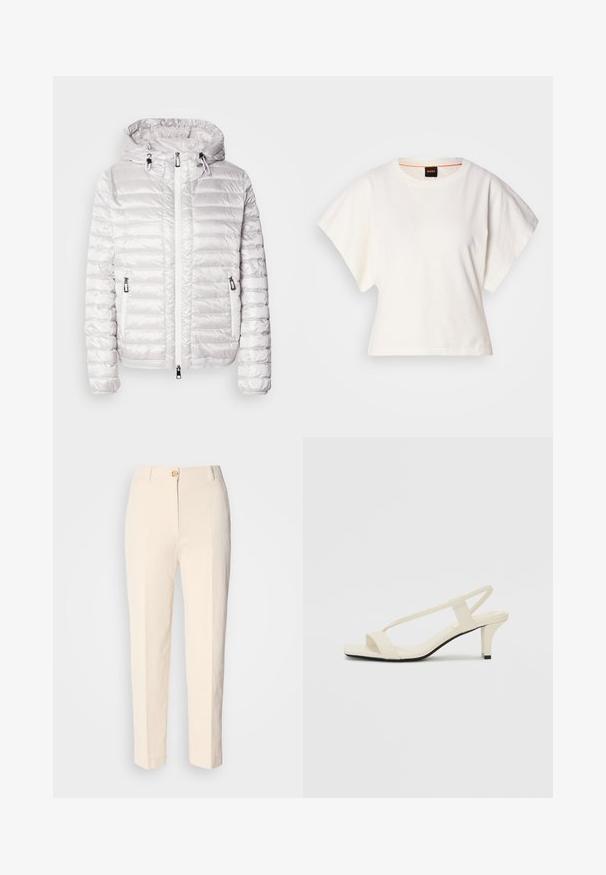 Polstret hvid jakke med en skinnende overflade, der har hætte, lynlåslukning og sidelommer. Vandret stikningsmønster over det hele.; Hvid cropped T-shirt, korte brede ærmer, blødt bomuldsstof, rund halsudskæring med diskret orange kant, minimalistisk design uden mønstre eller grafik.; Cremefarvede, højtaljede bukser lavet af tekstureret stof. Har en lukning med knap foran og tætsiddende ben.; Beige blokhælede sandaler med tynde remme og en firkantet tå. Glat materiale med minimal detaljering, designet til nem brug.