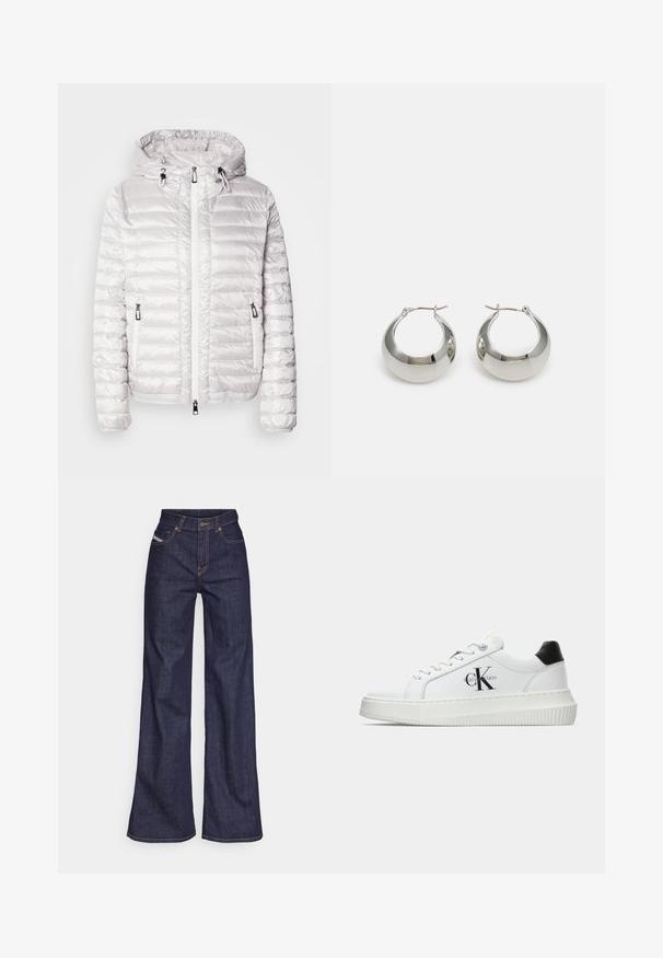 Padded white jacket with a shiny finish, featuring a hood, zip closure, and side pockets. Horizontal stitching pattern throughout.; White short-sleeve t-shirt made of cotton. Features a round neckline and a smooth texture, with minimal stitching visible at the hem.; Dark blue wide-leg jeans in denim fabric with a high waist, featuring orange stitching, five-pocket design, and a button closure.; White low-top sneaker with black heel tab, platform sole, laces, and Calvin Klein "CK" logo on the side.; Silver metal hoop earrings with a smooth, shiny surface and a structured, rounded design. Features a hinged clasp for secure wear.