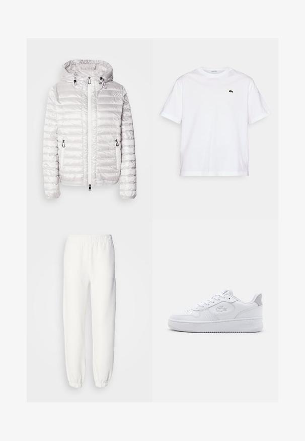 Gepolsterte weiße Jacke mit glänzendem Finish, ausgestattet mit Kapuze, Reißverschluss und Seitentaschen. Horizontales Stichmuster über die gesamte Jacke.; Weißes Baumwoll-T-Shirt mit rundem Halsausschnitt und kurzen Ärmeln. Mit grün gesticktem Logo auf der Brust. Weiche Textur, lässige Passform.; Weiße Sweatpants aus weichem, gestricktem Stoff. Der elastische Bund und die Bündchen sorgen für eine bequeme Passform. Minimalistisches Design, ohne sichtbare Muster oder Akzente.; Weiße Sportsneaker aus glattem Lederoberteil, mit runder Zehenpartie und Schnürverschluss. Mit geprägtem Logo und grauem Akzent an der Ferse. Flache Gummisohle.