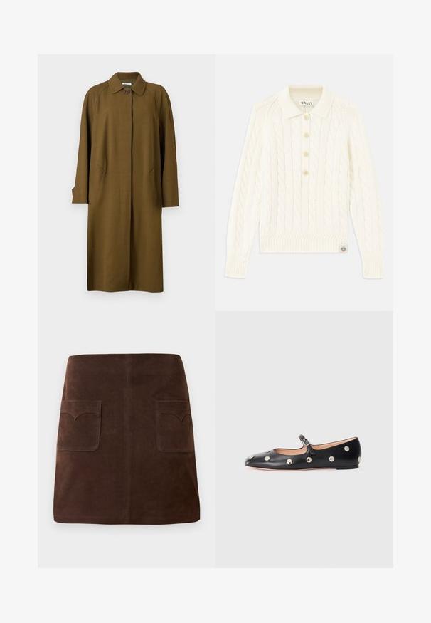 Bally Klasszikus kabát - cricket; Krém színű kötött pulóver, galléros nyakkal, négy gombos felső résszel, bordázott mandzsettákkal és egy kis logóval a szegélyen.; Barna velúr szoknya klasszikus A-vonalú fazonnal, két elülső zsebbel kerek fedéllel és diszkrét varrási részletekkel.; Fekete bőr Mary Jane lapossarkú cipő, lekerekített orral, ezüst színű kör alakú szegecsekkel és állítható pánttal, csattal.