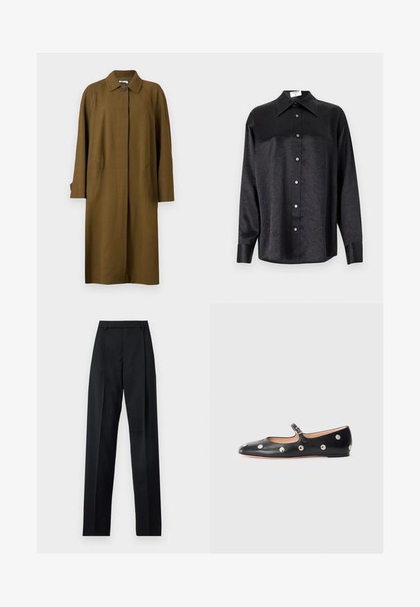 Bally Klasszikus kabát - cricket; Fekete, hosszú ujjú ing, galléros nyakkal, gyűrött textúrával, teljes gombos elejével és mandzsettákkal. Simaságú anyagból készült.; Fekete nadrág sima anyagból, magas derékkal, széles lábakkal, elülső redőkkel és klasszikus övhurkokkal. Oldalzsebek nem láthatók.; Fekete bőr Mary Jane lapossarkú cipő, lekerekített orral, ezüst színű kör alakú szegecsekkel és állítható pánttal, csattal.