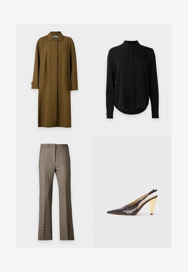 Bally Klassischer Mantel - cricket; Schwarze Bluse mit langen Ärmeln, spitzem Kragen, verdeckter Knopfleiste und abgerundetem Saum vor einem schlichten weißen Hintergrund.; Braune karierte Hose mit geradem Bein, die aus einem strukturierten Stoff gefertigt ist und dezente Farbtöne von Beige und dunkleren Brauntönen im Muster aufweist.; Spitz zulaufender Slingback-Absatzschuh aus glänzendem, dunkelbraunem Kunstcrocodilleder. Verfügt über einen goldfarbenen geometrischen Absatz und einen verstellbaren Knöchelriemen.