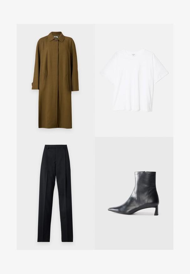 Bally Klassikaline mantel - cricket; Valge puuvillane T-särk lühikeste varrukatega, ümmargune kaelus, mugav lõige ja õmmeldud serv. Silt nähtav kaela seest.; Mustad püksid siledast kangast, millel on kõrge vöökoht, laiad jalad, esimesed kortsud ja klassikalised vööloopid. Küljepockets pole nähtavad.; Mustad mustall nahkasaabas terava nina ja stiilse disainiga. Omab madalat konts ja luku sulgemist taga. Sile tekstuur.