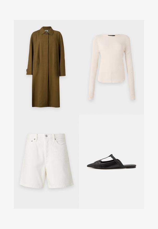 Bally Klasisks mētelis - cricket; Ilgi piedurkņu, gaiši bēšas krāsas blūze ar apaļu dekoltē. Izgatavota no mīksta auduma, ar centrālo šuvi un nedaudz izliekta apakšmala. Nav redzamu papildus elementu.; Balti denima šorti ar taisnu piegriezumu, piecu kabatu dizainu, priekšējo pogu aizdari, sudraba detaļām un izšūtiem apdarēm.; Melnas ādas slingback kurpes ar norādītu purngali, kurām ir austoša akcenta un krokota augšdaļa. Plakana zole ar minimālu aparatūru.