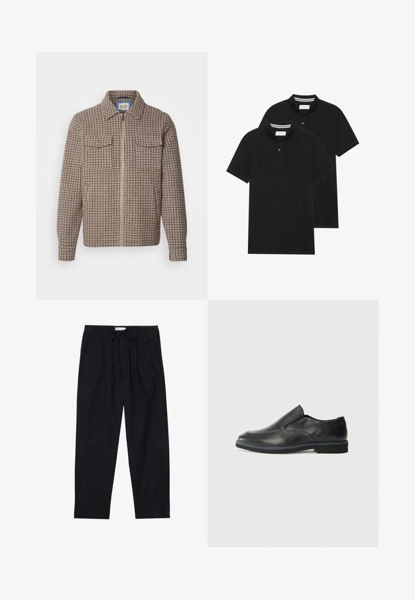 Brown and beige checkered zip-up jacket with two chest pockets and a spread collar, displayed on a white background.; Two black polo shirts, short-sleeved, cotton material, featuring a classic collar, two-button placket, and white striped accents inside the collar.; Pier One Chinos - black; Black leather slip-on shoe with a smooth upper, stitched accents, rounded toe, and a low rubber heel. Sole features minimal tread.