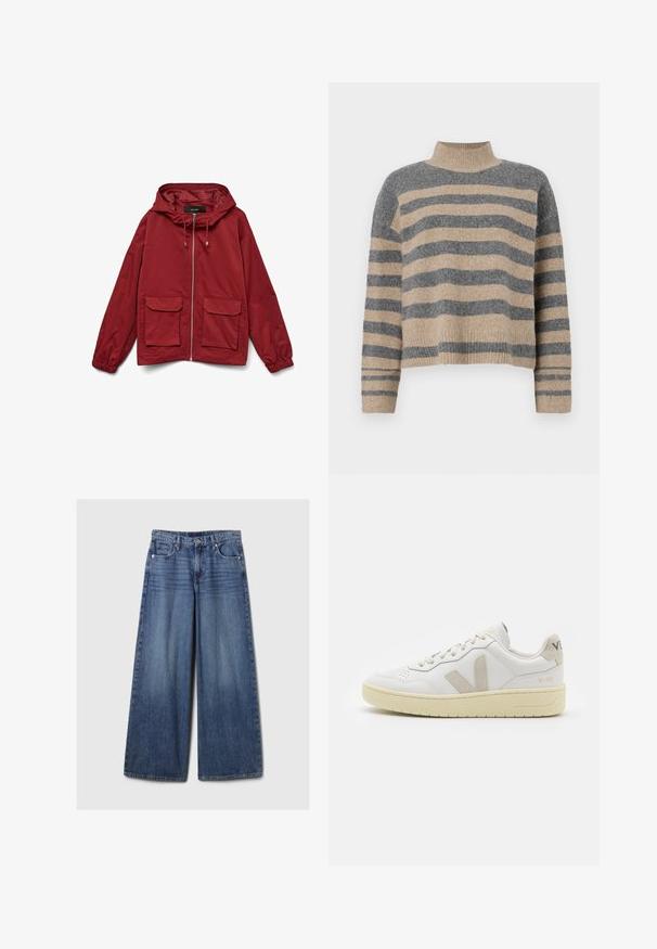 Rdeča vetrovka z kapuco, z zadrgo spredaj, elastičnimi manšetami ter dvema sprednjima žepoma. Gladka tkanina z mat površino.; Prajčast pulover z šivi v sivi in bež barvi, visokim ovratnikom, širokimi manšetami in sproščenim krojem s skrajšano zasnovo.; Široke jeans hlače iz modrega denima z bledečim finišem, z gumbom in zadrgo, petimi žepi in zanko za pas.; Bela usnjena tenisača z bež semiš poudarki, perforiranim prednjim delom, ravnimi vezalkami in strukturiranim kremnim podplatom. Ima diskretno blagovno znamko na peti.