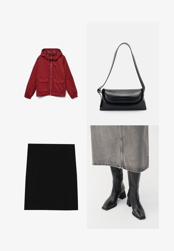 Rød vindjakke med hætte, lynlås foran, elastiske manchetter og to forreste klaplommer. Glat stof med en mat finish.; Olivenfarvet strikket sweater med rund hals, lange ærmer og ribbet kant. Har et cropped design med en blød, struktureret overflade.; Sort mini nederdel lavet af blødt stof med en tætsiddende design, der har en lille slids på siden for ekstra detalje.; Sorte knæhøje støvler i glat læder med firkantet tå og blokeret hæl. Båret med en grå denimnederdel med flosset kant.; Sort læderhåndvask med en struktureret form, en glat overflade og en enkelt skulderrem. Har et subtilt, rundet klapdesign.