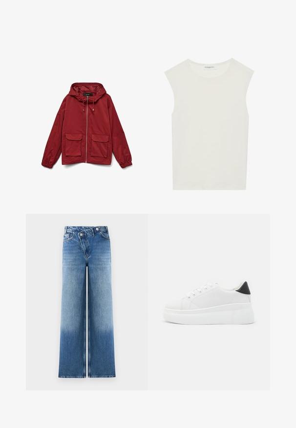 Jachetă roșie tip windbreaker cu glugă, fermoar frontal, manșete elastice și două buzunare frontale aplicate. Material neted cu un finisaj mat.; Top alb fără mâneci, cu decolteu rotund. Fabricat dintr-un material neted, prezintă o croială lejeră și un design minimalist. Fără modele sau accente.; Jeans de blugii wide-light blue cu o spălare estompată, având un design clasic cu cinci buzunare și accente din metal la talie.; Adidași albi cu platformă, fabricați din material sintetic neted, cu vârf rotund, design cu șireturi și talpă din cauciuc texturat. Accente negre la călcâi.