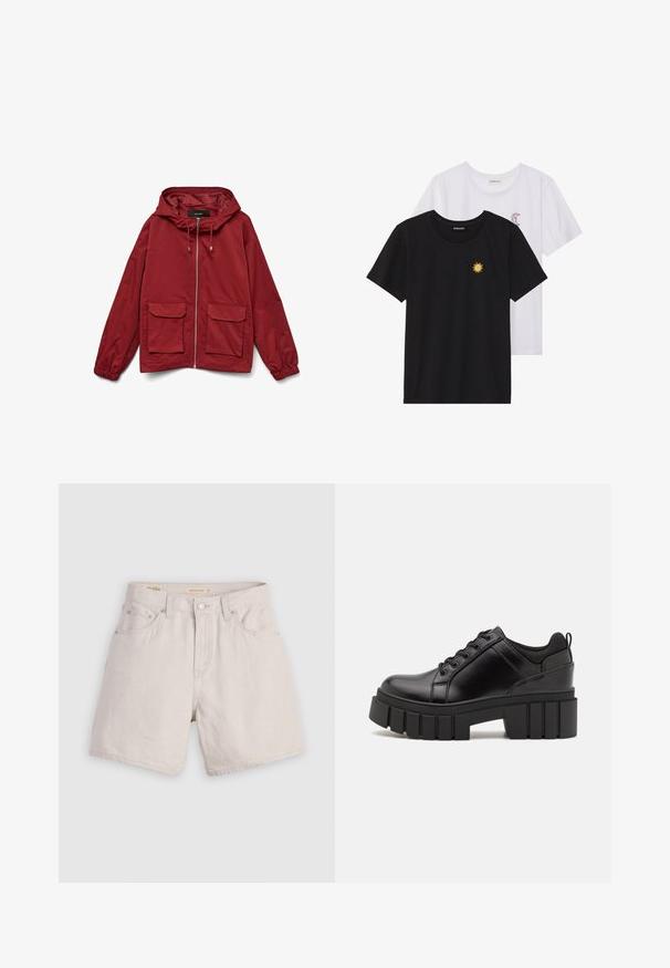 Crvena jakna s kapuljačom, zatvaračem sprijeda, elastičnim rukavima i dva prednja džepa. Glatka tkanina s mat završnom obradom.; Crne i bijele majice, okrugli izrez, kratki rukavi. Crna majica ima žuti vez suncem; bijela majica ima ljubičasti naglasak u obliku polumjeseca.; Beige traperice kratke hlače viskog struka s dugmadi sprijeda, petljicama za pojas i dizajnom s pet džepova; lagane su i imaju glatku teksturu.; Crne kožne platforme s debelim blok-peta, okruglim prstima i klasičnim dizajnom vezanja. Imaju gladak tekstur i minimalne detalje.