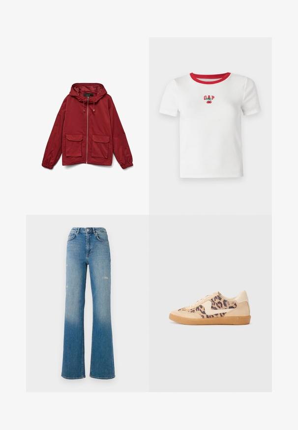 Crvena jakna s kapuljačom, zatvaračem sprijeda, elastičnim rukavima i dva prednja džepa. Glatka tkanina s mat završnom obradom.; Bijela kratka majica s kratkim rukavima, s crvenim rebrastim ovratnikom, koja ima izvezeni natpis "GAP" i dizajn trešnje sprijeda. Izrađena od rebraste tkanine.; Traperice s visokim strukom, plave boje, s blagim istrošenjima na bedrima, dizajn s pet džepova i proširenim nogavicama.; Tenisice s uzorkom leoparda, bež nubuk gornjištem, smešnim gumenim đonom i bijelim detaljima. Okrugli vrh i dizajn s vezicama s teksturiranom završnom obradom.