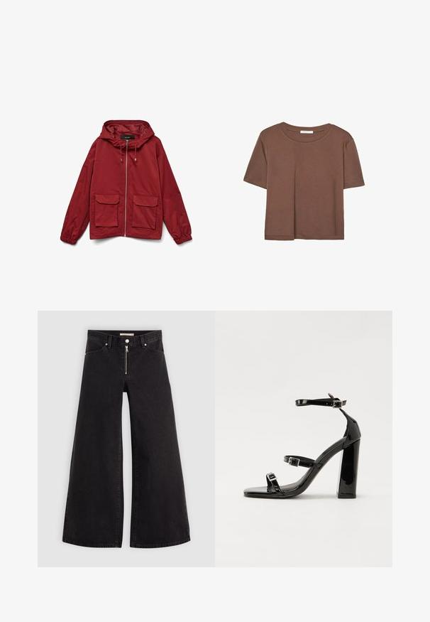 Rode windbreaker jas met een capuchon, ritssluiting aan de voorkant, elastische manchetten en twee voorzakken. Glad materiaal met een matte afwerking.; Korte mouwen T-shirt in bruin, gemaakt van een zachte stof, met een ronde halslijn en een relaxte pasvorm. Geen zichtbare patronen of accenten.; Wijdvallende jeans van zwarte denim met een ritssluiting aan de voorkant, vijf zakken en subtiele stikdetails. Soepele textuur en casual stijl.; Zwarte gepatenteerde sandalen met hak en een vierkante neus, enkelbandjes en zilveren gespen. Heeft een stevige blokhak voor stabiliteit.