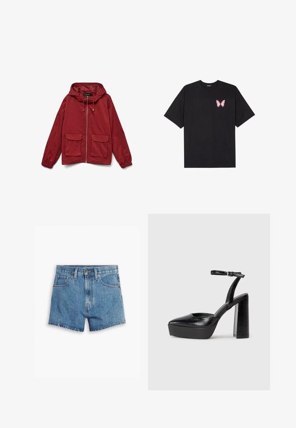 Sarkans vējjaka ar kapuci, ar rāvējslēdzēja priekšpusi, elastīgām aprocēm un diviem priekšējiem kabatām. Gluda auduma ar matētu virsmu.; Melna kokvilnas T-krekls ar īsām piedurknēm, kuram priekšā kreisajā pusē ir neliels rozā tauriņa grafiskais attēls. Ar apaļu kaklu un brīvā stila piegriezumu.; Gaiši zili džinsu šorti, kas aprīkoti ar piecām kabatām, rāvējslēdzēja aizdari un pogu aizdari. Apakšmala ir saplēsta, un izskats ir brīvs.; Melnas platformas papēžs ar norādītu purngala formu un regulējamu potītes siksniņu. Izgatavotas no gludas ādas, ar masīvu bloku papēdi.