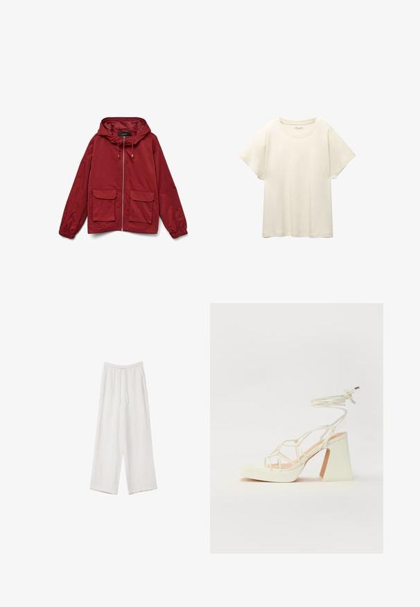 Rød vindjakke med hætte, lynlås foran, elastiske manchetter og to forreste klaplommer. Glat stof med en mat finish.; Lys beige kortærmet t-shirt med rund halsudskæring, lavet af blødt, glat stof. Har en afslappet pasform og lige forneden.; Hvide bukser med bred benlængde lavet af et letvægtsstof. Har et elastisk talje med snor og sidelommer. Glat tekstur.; Hvide højhælede sandaler med en kraftig hæl, der har et stropdesign og ankelbinding. Glat tekstur med en platform foran for ekstra højde.
