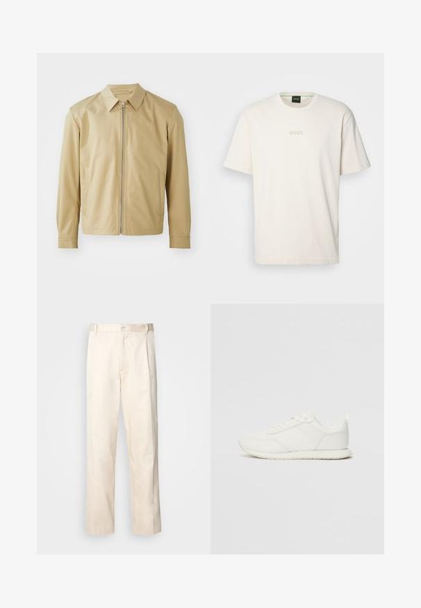 Casaco leve bege com gola, fecho frontal em zip e dois bolsos laterais. Textura suave e corte descontraído.; BOSS TEE - T-shirt básica - open white; Calças de algodão bege com corte reto, apresentando um fecho de botão e pregas na frente para um detalhe adicional.; Sapatilha branca com parte superior em malha e sintético, bico arredondado, atacadores planos e uma faixa lateral texturizada. Sola em borracha com uma alça na parte de trás.